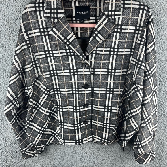 Liverpool Women’s Jacket Check Plaid Size S Button Up Black Cream Pockets Flawed - Picture 10 of 16